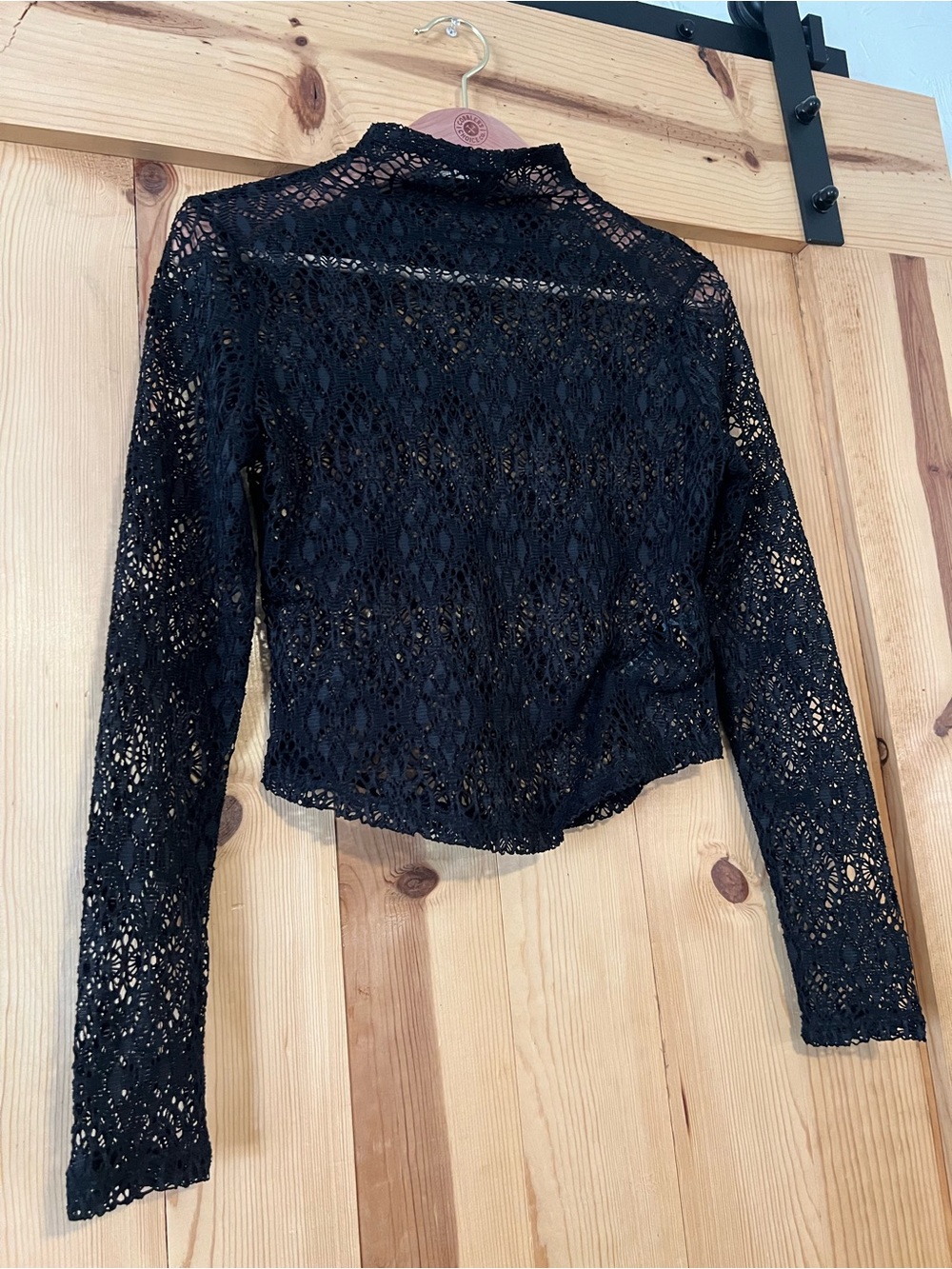 FREE PEOPLE Black Lace Sheer Long-Sleeve Crop Top - Women SIZE S